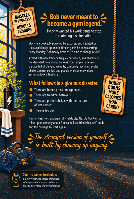 Back cover of Muscle Mayhem: A Hilarious Fitness Adventure, featuring the book synopsis about Bob's hilarious gym journey, confidence, friendship and personal growth.