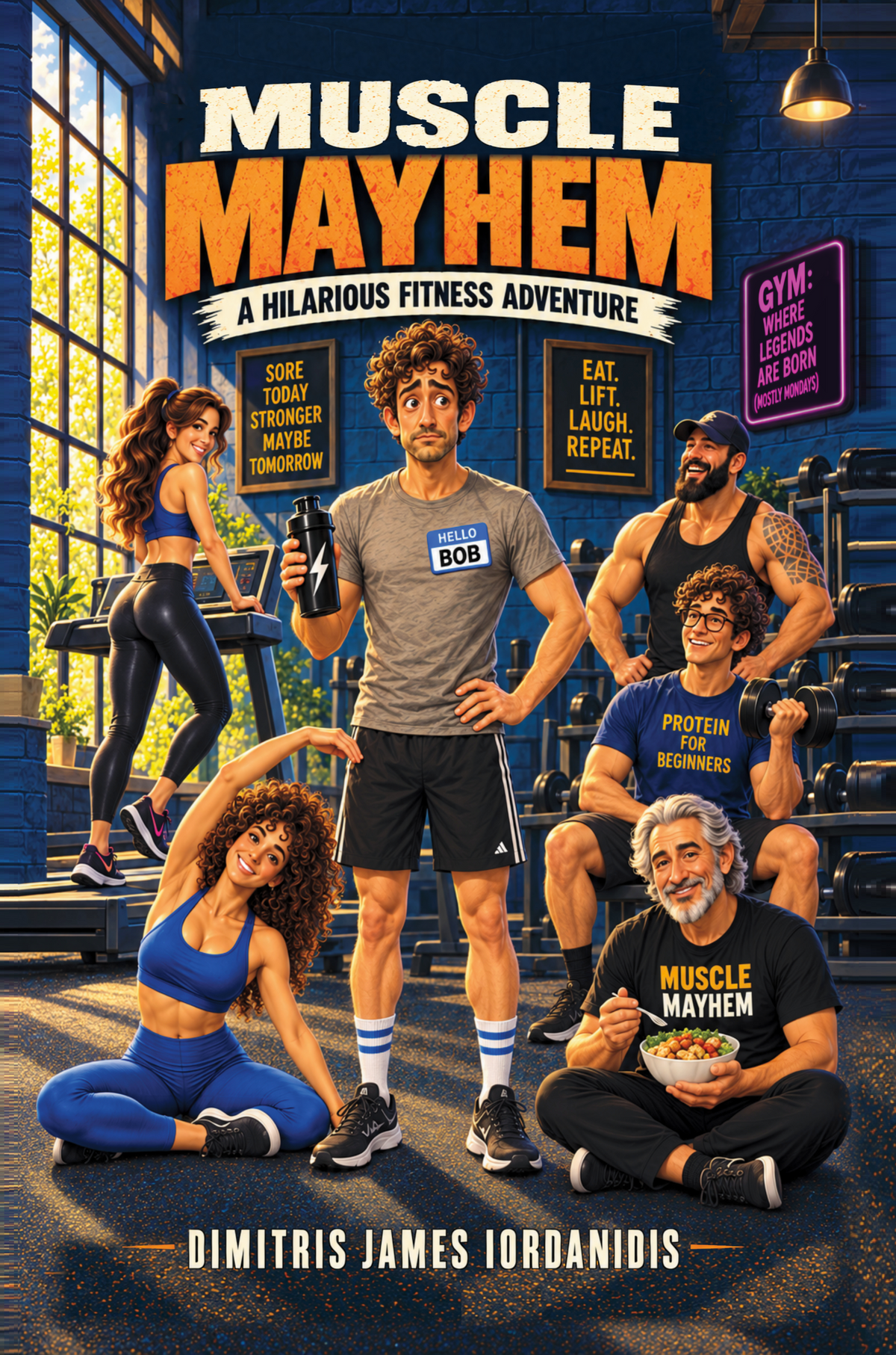 Front cover of Muscle Mayhem: A Hilarious Fitness Adventure by Dimitris James Iordanidis, featuring Bob and colourful gym characters in a humorous fitness setting.