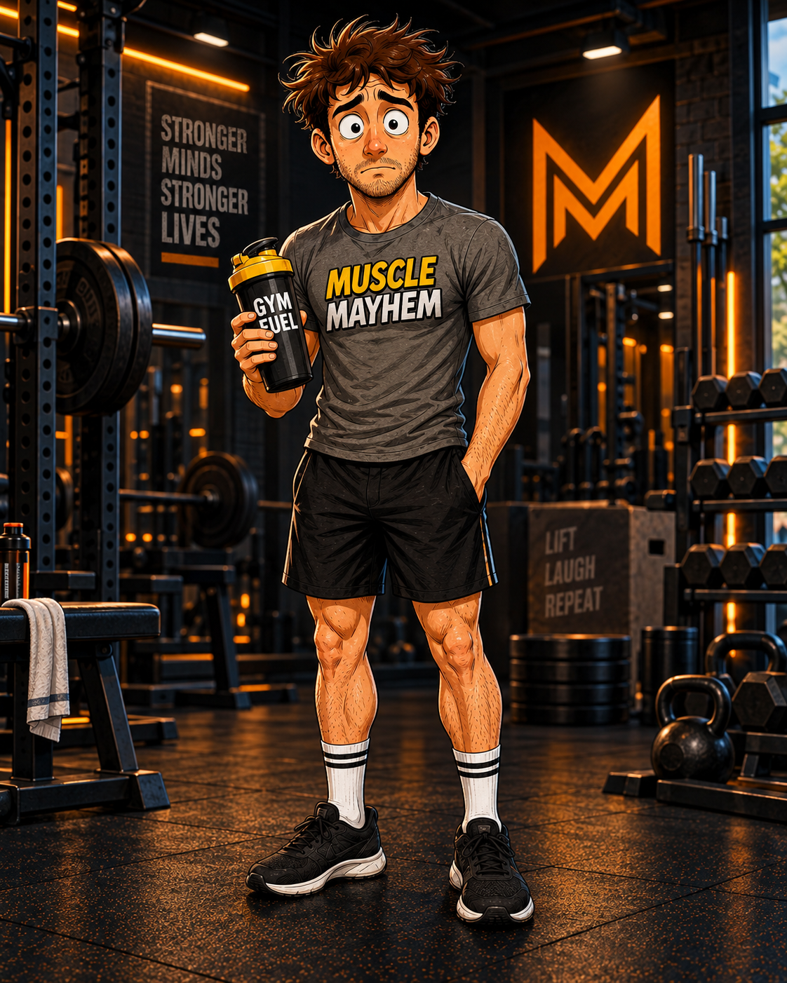Bob from Muscle Mayhem standing nervously inside Iron Temple Fitness