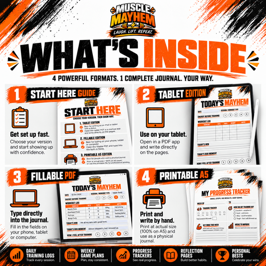 Promotional graphic for the 'Muscle Mayhem' Union Lift Journal, showing four digital product formats (Start Here Guide, Tablet Edition, Fillable PDF, and Printable) arranged in a collage with bold black, orange, and white branding.